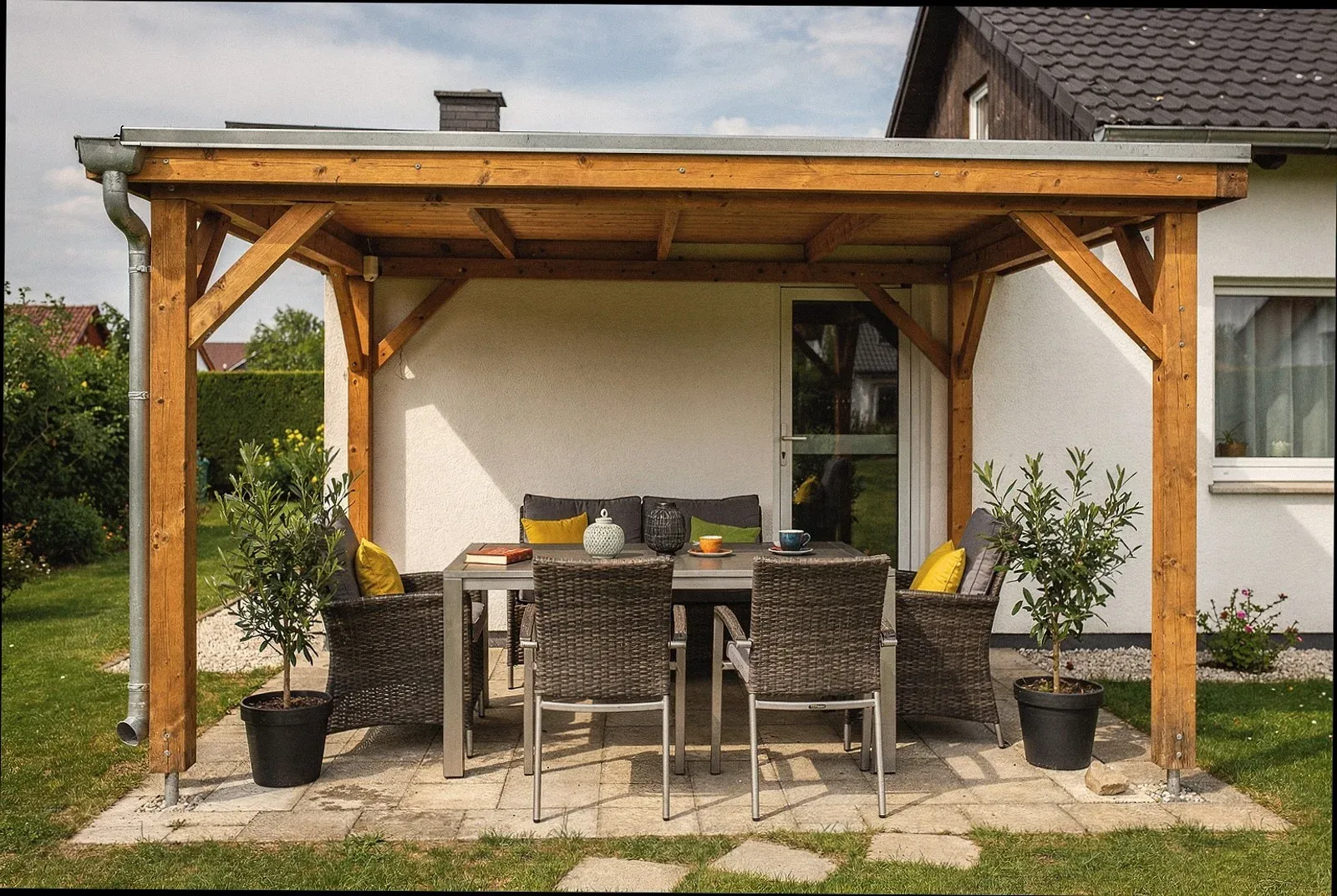 Holzüberdachung mit sichtbaren Leimholzbalken über einer Terrasse in Iserlohn